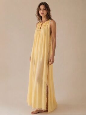 Vintage 80s Linda Lingerie Sheer Yellow Lace-Trimmed Long Slip Dress Nightgown M